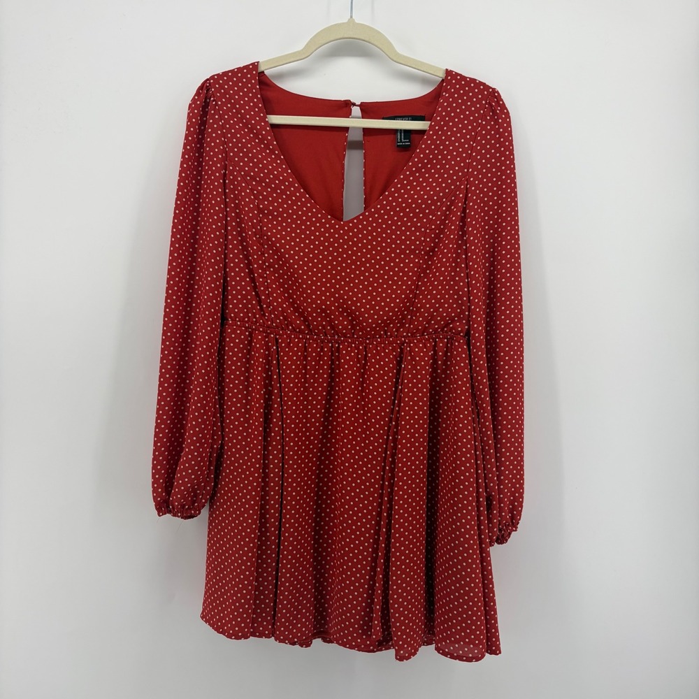 Forever 21 Womens Medium Red Polka Dot Mini Dress Long Sleeve V-Neck Open Back